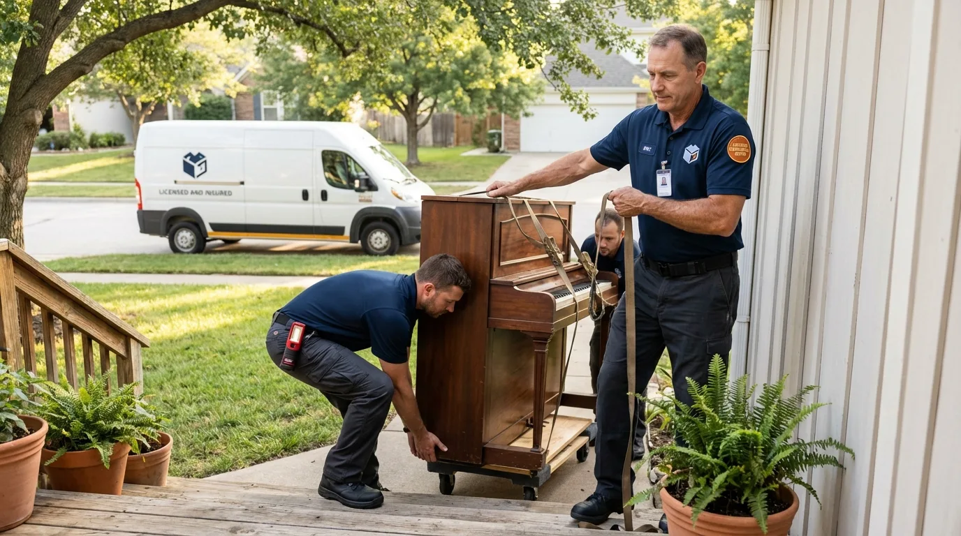 Licensed piano movers securing grand piano in Loudonville, OH