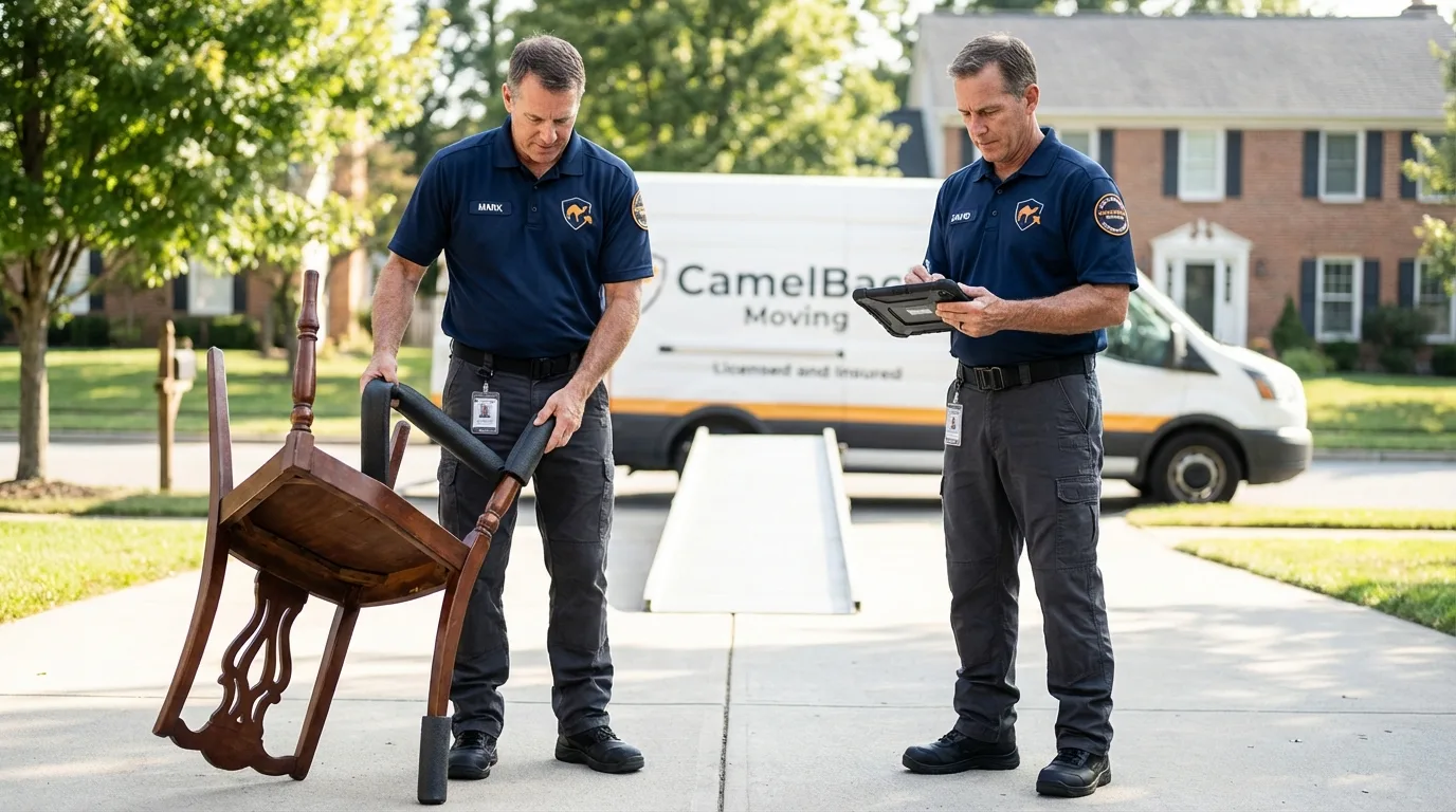 Movers inspecting furniture for damage prevention before loading in Loudonville, OH
