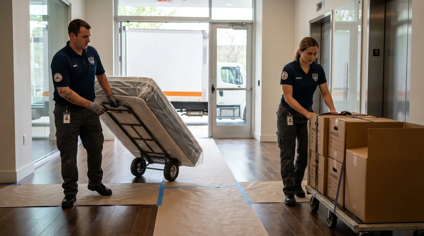 Professional apartment movers loading elevator in Loudonville, OH