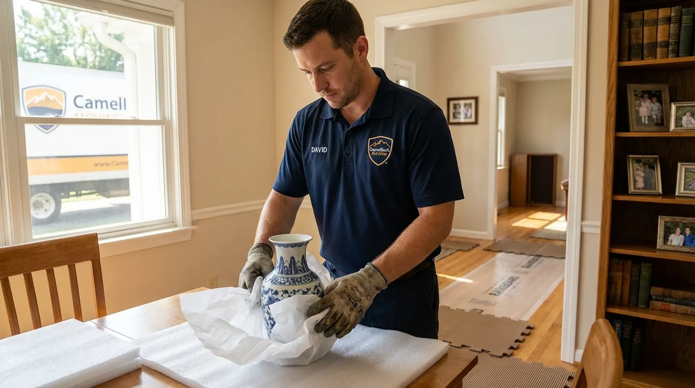 Professional crew carefully wrapping antique vase for senior downsizing move in Loudonville, OH